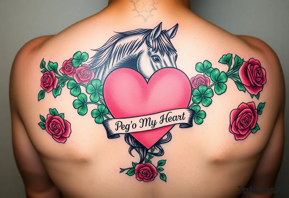 A lot of green shamrocks & red roses, a horse with a big Pink heart and a banner across the heart that says Peg 'o My Heart tattoo idea