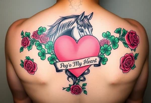 A lot of green shamrocks & red roses, a horse with a big Pink heart and a banner across the heart that says Peg 'o My Heart tattoo idea