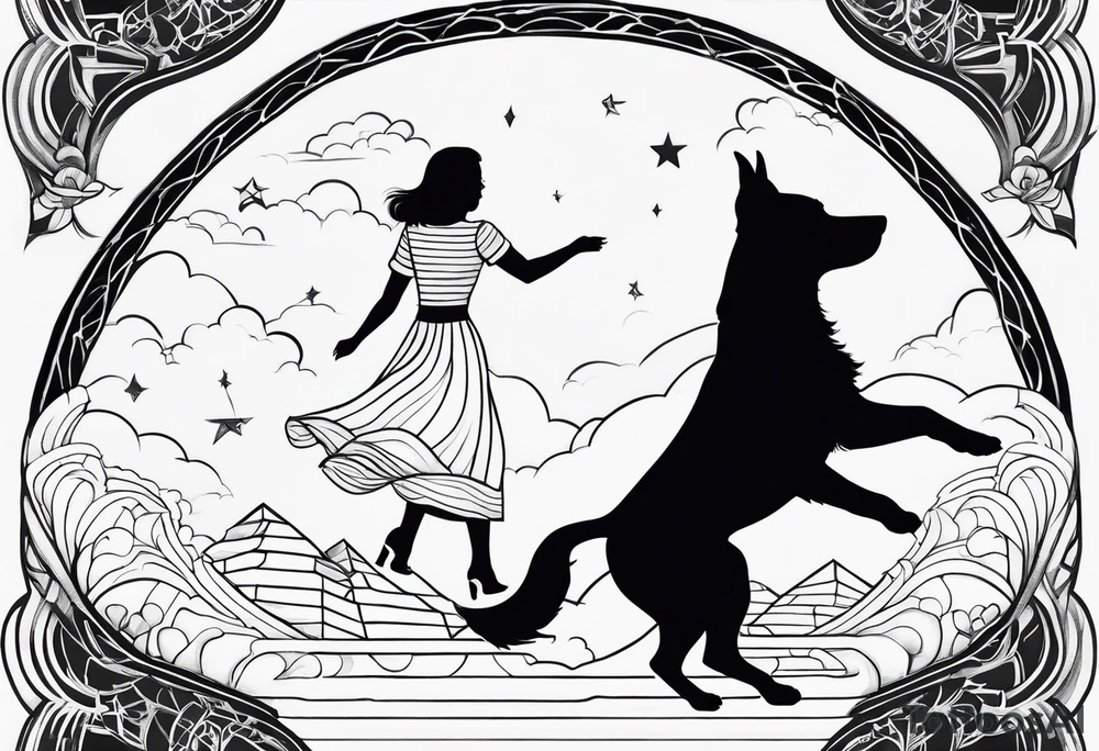 dog in the sky reaching hand of a woman and woman as her back facing us tattoo idea