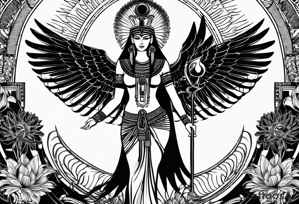 black and white Egyptian goddess Isis, who is often depicted as a woman with outstretched wings, holding an ankh (a symbol of life) in one hand and a lotus flower in the other. Her headdress often includes a throne or a solar disk. The tattoo design can vary in style and size, but it typically aims to capture the essence of this revered Egyptian deity, emphasizing her beauty, power, and maternal qualities. The choice of colors and additional elements can also be customized to create a unique and visually striking representation of the goddess Isis tattoo idea