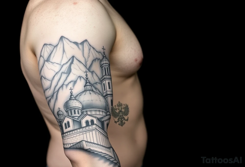 russian orthodox christian left arm tattoo with st basils cathederal in a mountainous setting with a russian coat of arms tattoo idea