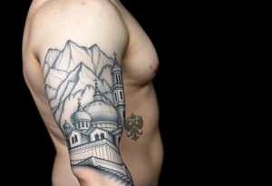 russian orthodox christian left arm tattoo with st basils cathederal in a mountainous setting with a russian coat of arms tattoo idea