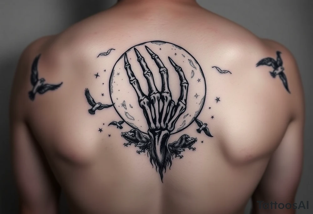 zodiac cancer skeletal hand snile with fangs on a fyull bloody moon surrounded by dead birds and a hellishly starry sky tattoo idea