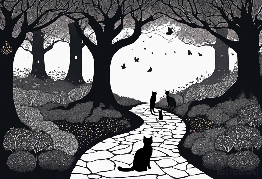 A winding uneven stone path, either side is mystical looking flora and tree roots, the path ends in a bundle of treee roots that turn into a galaxy. walking the path is a black sillouette of a man in a suit with a cat walking next to him, spread out randomly along the design are three other cat silhouettes hiding in the borders. at the very end of the path is a black silhouette of a woman in a dress holding an umbrella facing to her left. tattoo idea