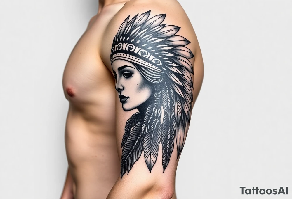 Native American girl with headdress the sun and arrowhead tattoo idea