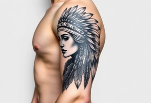 Native American girl with headdress the sun and arrowhead tattoo idea
