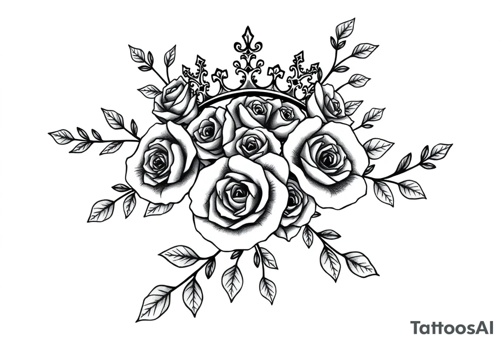 detailed beautiful gothic boho flowers and roses on vine with gorgeous crown ornamental tattoo idea