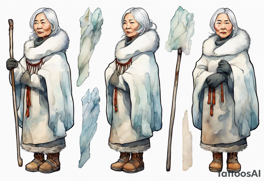 a middle aged Inuit woman with white hair, wearing mittens, mukluks, and a white cloak. Holding a white staff. Standing on an iceberg alone tattoo idea