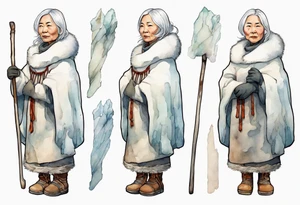 a middle aged Inuit woman with white hair, wearing mittens, mukluks, and a white cloak. Holding a white staff. Standing on an iceberg alone tattoo idea