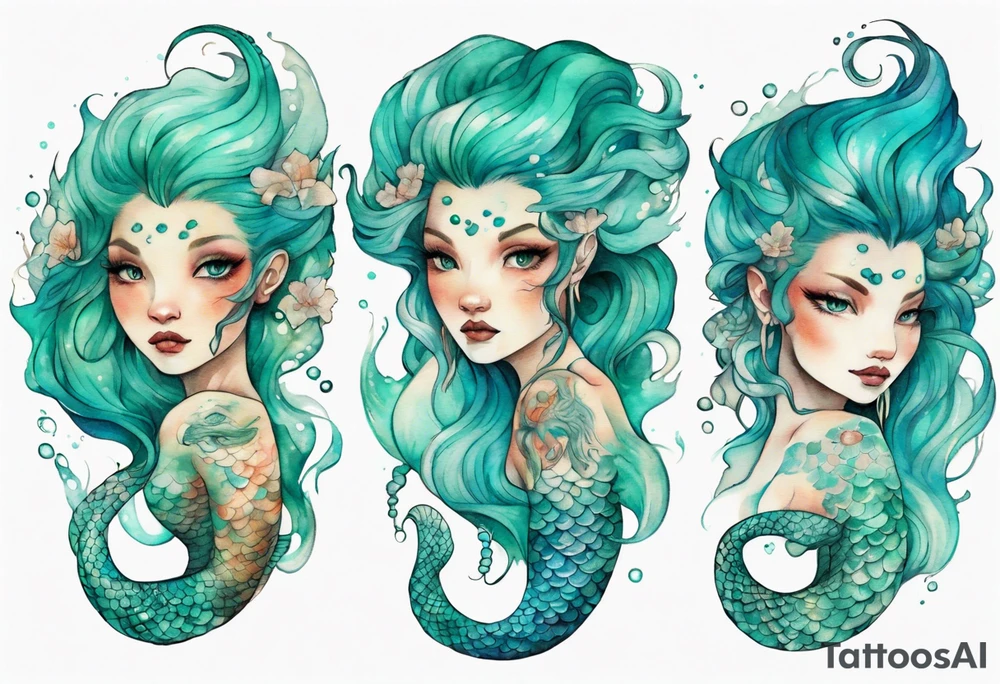 A beautiful mermaid-serpent hybrid with turquois scales and teal hair. tattoo idea