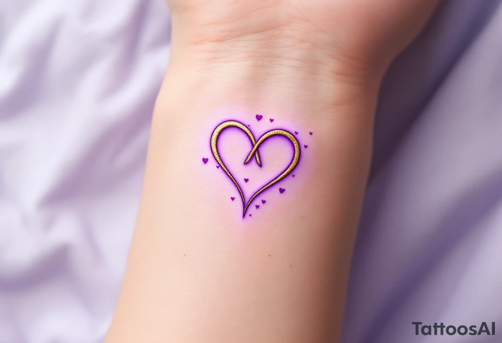 A symbol of rune of love carved with clean, sharp edges. The design in golden, and the background features a lavender glow. Tiny hearts float around the symbol, representing infinite devotion. tattoo idea