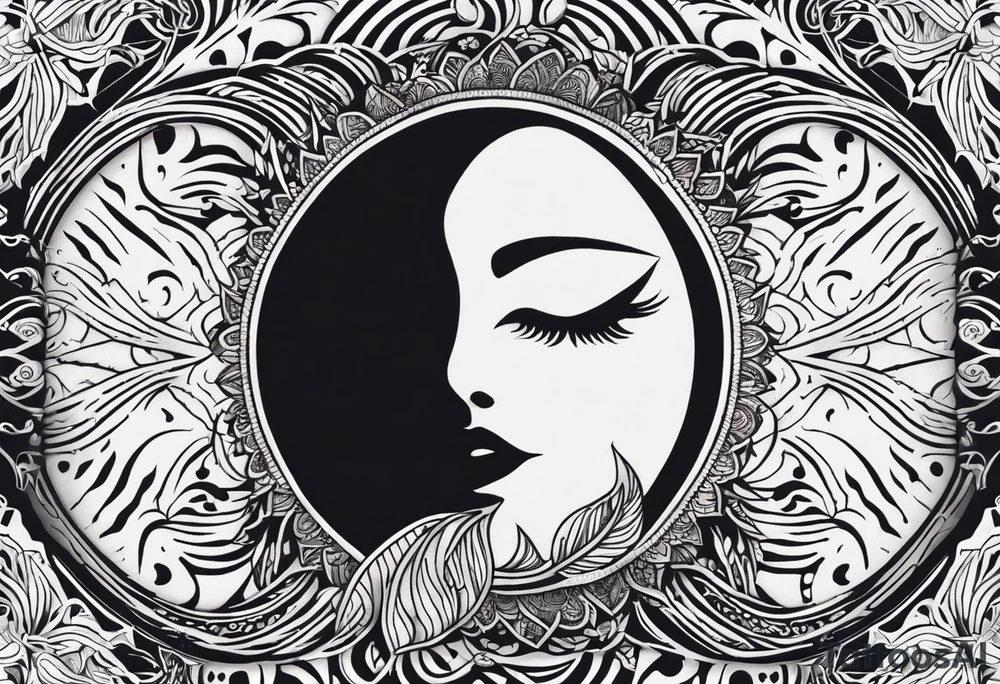 Tatouage ornement noir et blanc. les kangourous et la vie, un soleil, des vagues. Ainsi que  des feuilles provenant d’Australie et de  Bali. Lignes très fines. tattoo idea