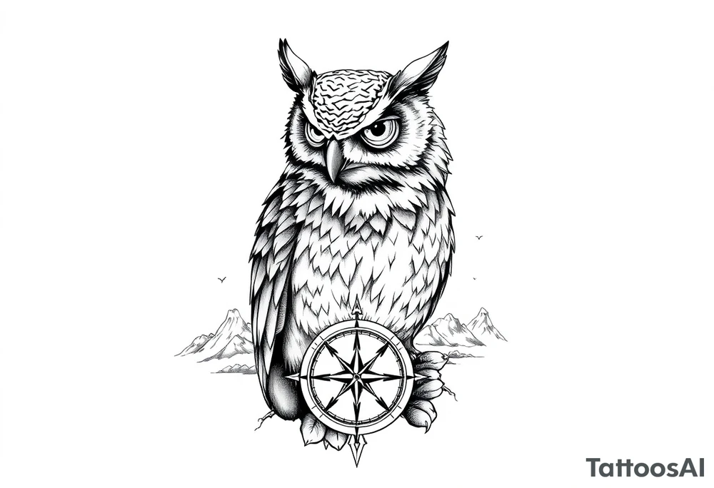 an owl,a compass,landscape. tattoo idea