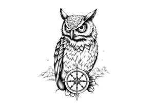 an owl,a compass,landscape. tattoo idea