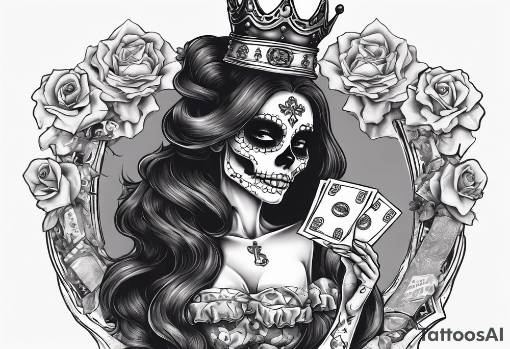 santa la muerta with money and crown
on the card tattoo idea