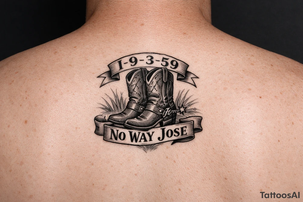Can you do a minimalist neo, traditional Cow girl boots her birthday i9-3-59 and a banner that says no way Jose tattoo idea