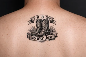 Can you do a minimalist neo, traditional Cow girl boots her birthday i9-3-59 and a banner that says no way Jose tattoo idea