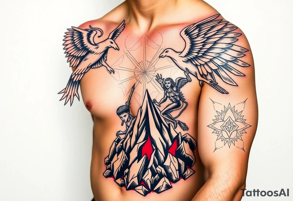 Heaven’s angels fighting hells demons. Angels flying and demons climbing up out of hell tattoo idea