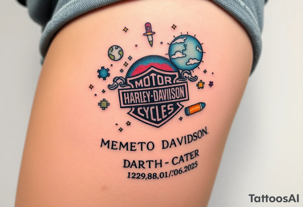 colorful futuristic memory tattoo for passed boyfriend;, star wars, space, Harley Davidson, skateboarding, puzzle pieces, video games, heaven, god, outdoors, 9mm bullet, words MEMENTO MORI & DARTH CARTER 12/29/88-01/06/2025 tattoo idea