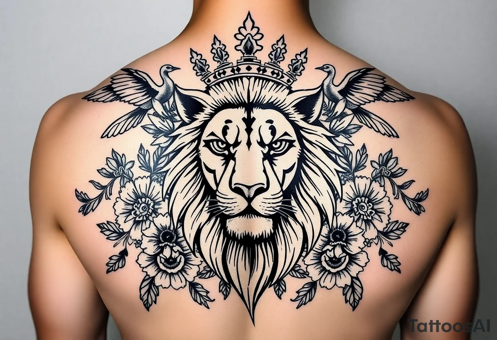 powerful majestic lion with a crown, surrounded by floral ornaments and birds tattoo idea