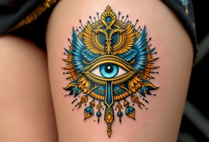 An Ankh resting atop the Eye of Horus, detailed in gold and deep blue, representing divine vision and protection. tattoo idea