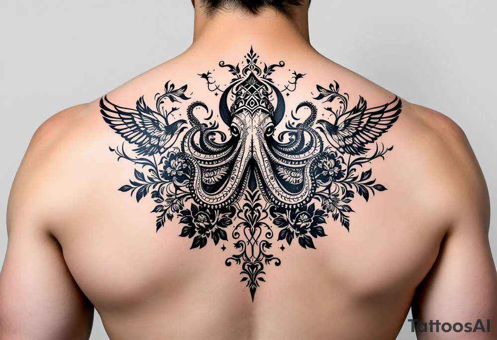 powerful majestic octopus, surrounded by floral ornaments and birds tattoo idea