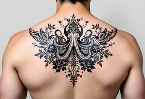 powerful majestic octopus, surrounded by floral ornaments and birds tattoo idea