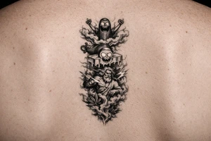 From a gene lamp out comes pickle rick then melts into a stick of morty butter then explodes into Zeus then withers away into weed smoke tattoo idea