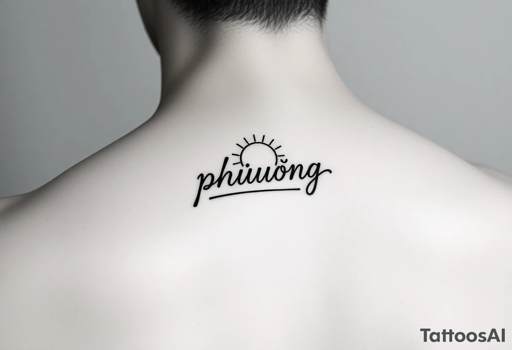 Word "phuong" written with sun inner arm tattoo idea