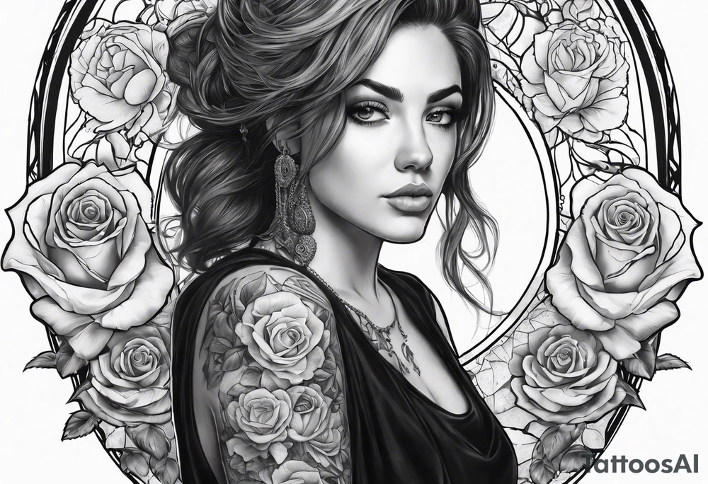 fool sleeve,, abandoned old gotic house, broken sword, roses, tattoo idea