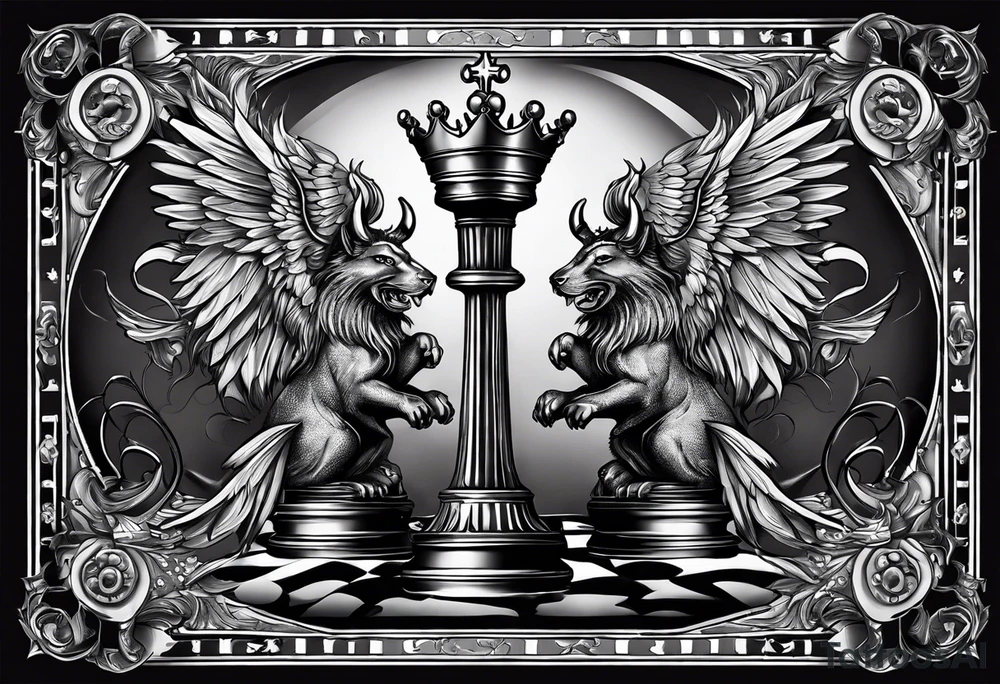 Illustrate an intricately balanced scale where one side represents the angelic forces, and the other represents the demonic forces. The chess pieces can sit on each side, symbolizing the equilibrium between good and evil. tattoo idea