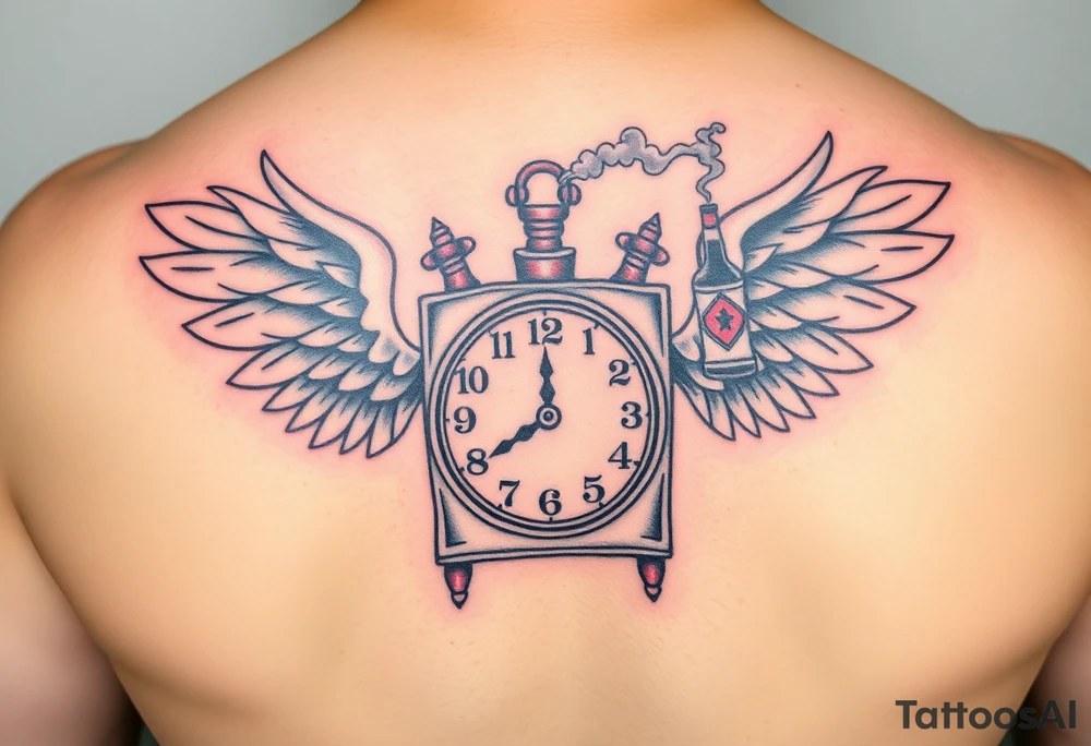 jack in the box tattoo with
the box as a clock with the time 420
two open wings besides the clock
smoke as the spring rising from the clock
a jester clown coming out the smoke
smoking in one hand with a liquor bottle on the other hand tattoo idea