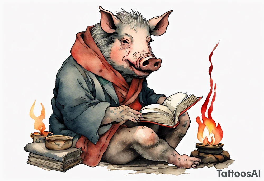 an old boar sitting by the hearth reading a book tattoo idea