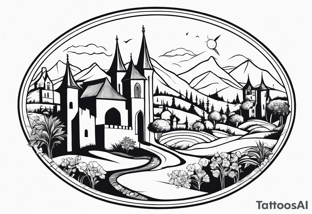 medieval tribal city 
floral  land  vignette tattoo idea
