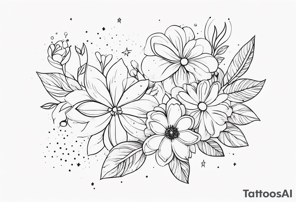 fine line floral with stars, swirls, dots tattoo idea