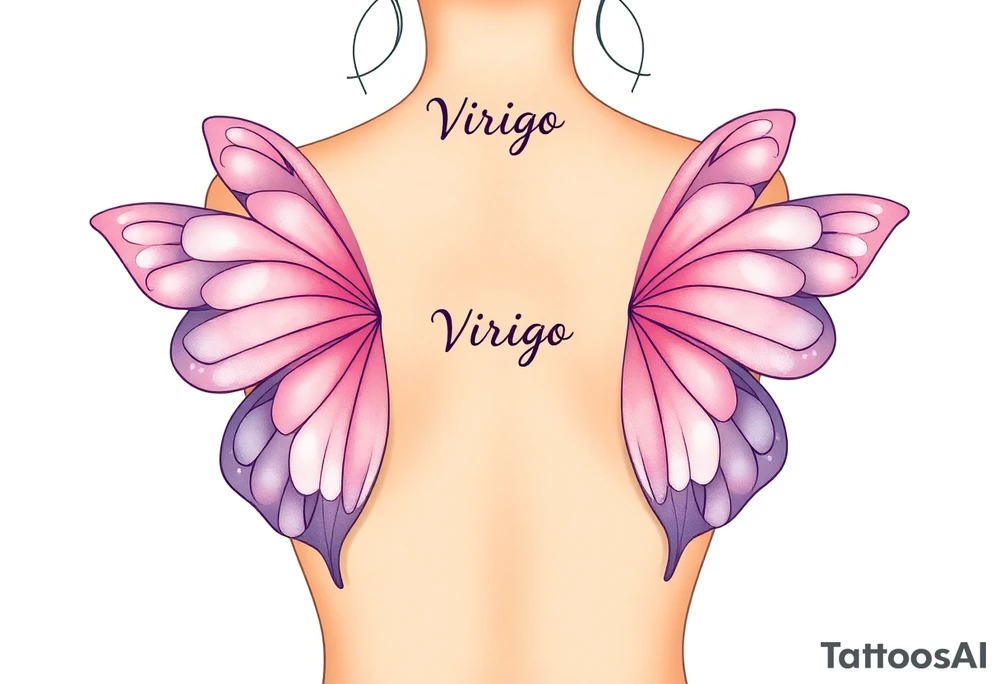 A dreamy  full body of a woman with delicate butterfly wings, in soft lavender, pink, and pearl white hue with the word Virgo above her head tattoo idea