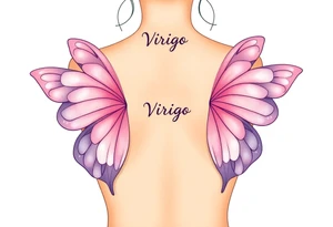 A dreamy  full body of a woman with delicate butterfly wings, in soft lavender, pink, and pearl white hue with the word Virgo above her head tattoo idea