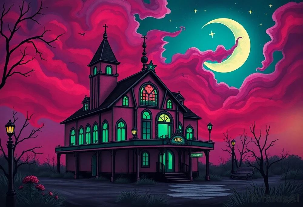 Tim Burton’s haunted casino is abandoned and dripping with muted reds, dusty pinks, and eerie green glow.purple and cyan smokey clouds swirl in the crescent moonlit sky thats sprinkled with stars tattoo idea tattoo idea