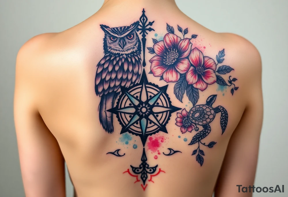 Full back owl on left shoulder flowers on right 3 turtles down spine use antique compass rose overlaid everywhere else tattoo idea