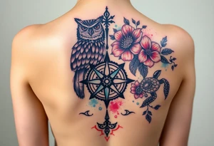 Full back owl on left shoulder flowers on right 3 turtles down spine use antique compass rose overlaid everywhere else tattoo idea