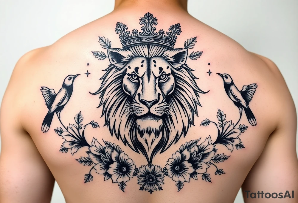 powerful majestic lion with a crown, surrounded by floral ornaments and birds tattoo idea