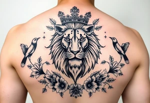 powerful majestic lion with a crown, surrounded by floral ornaments and birds tattoo idea