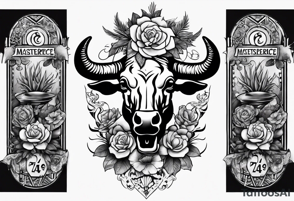 womens western punchy tattoo sleeve with playing cards, horseshoes, cactuses, snakes, and a bull skull with flowers in the background tattoo idea