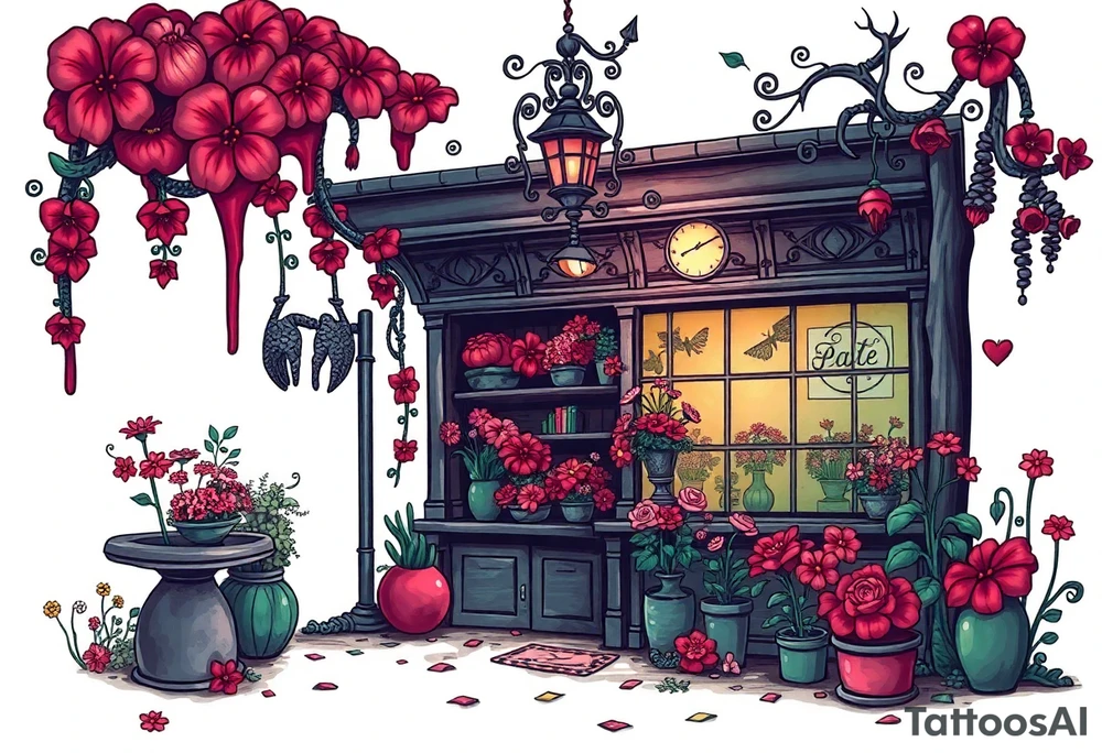 Tim Burton’s flower shop is abandoned and dripping with muted reds, dusty pinks, and eerie green glow. tattoo idea tattoo idea