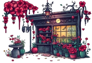 Tim Burton’s flower shop is abandoned and dripping with muted reds, dusty pinks, and eerie green glow. tattoo idea tattoo idea