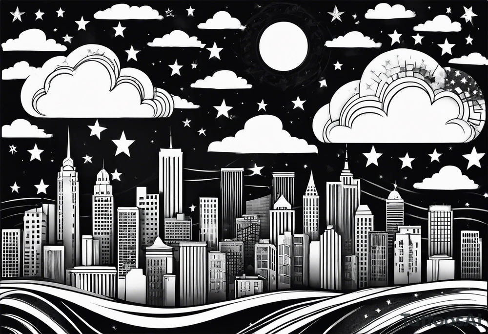 stars, clouds, city tattoo idea