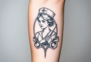 Nurse with nurse hat and a needle in an elaborate vintage cameo tattoo idea