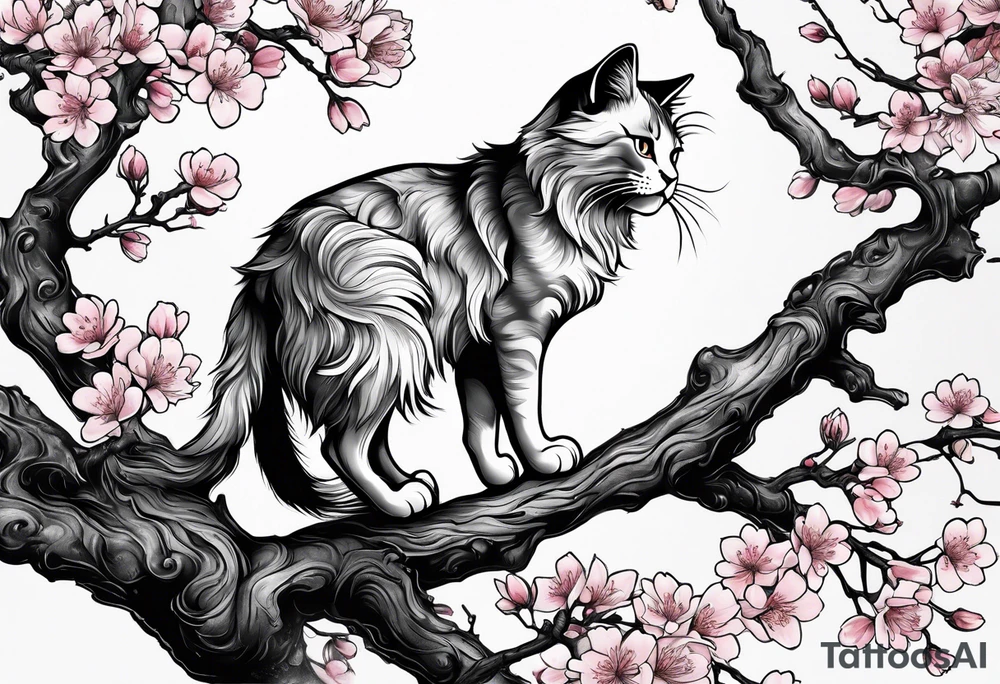 elongated cherry blossom branch meeting with a dying pine tree with hidden cute demon cat tattoo idea