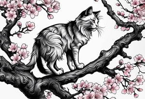 elongated cherry blossom branch meeting with a dying pine tree with hidden cute demon cat tattoo idea