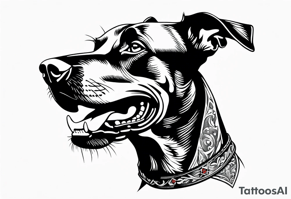 evil dobermann dog with mouth open tattoo idea